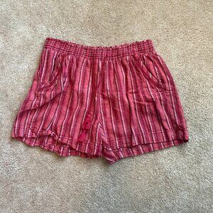 Red striped shorts with fringe ties
